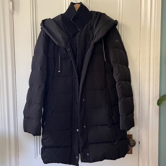 DKNY Donna Karen NY Long Puffer Jacket with Oversized Hood, Black, Size L - Picture 1 of 6